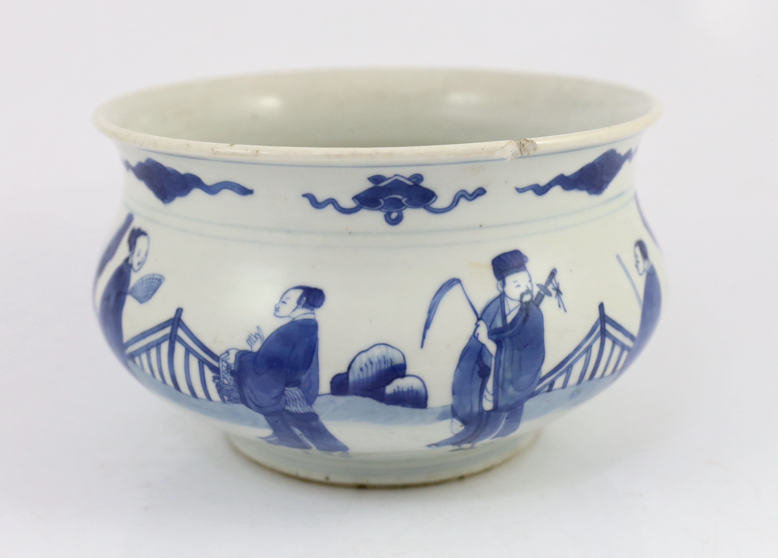 A Chinese blue and white ‘eight immortals’ censer, Kangxi period, rim chip
